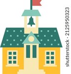  Illustration School Building with Flag, Bell, Clock in Flat Style. Color vector image of a school building.