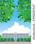 Illustration of a school building with fresh green leaves.