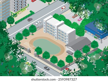 Illustration of a school building with fresh green leaves. Isometric drawing.