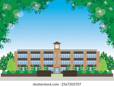 Illustration of a school building in the season of fresh greenery.