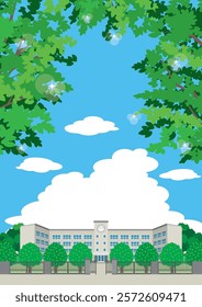 Illustration of a school building in the season of fresh greenery.