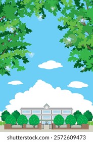 Illustration of a school building in the season of fresh greenery.