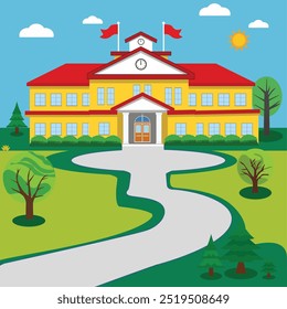 An illustration of a school building with a simple, classic design.