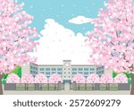 Illustration of a school building in spring with cherry blossoms blooming.