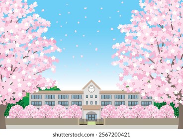 Illustration of a school building in spring with cherry blossoms blooming.