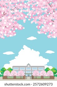 Illustration of a school building in spring with cherry blossoms blooming.