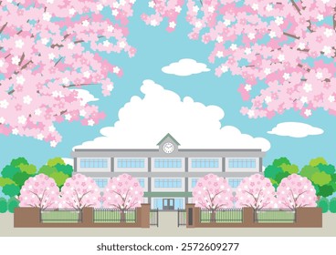 Illustration of a school building in spring with cherry blossoms blooming.