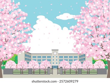 Illustration of a school building in spring with cherry blossoms blooming.