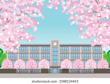 Illustration of a school building in spring with cherry blossoms in bloom.
