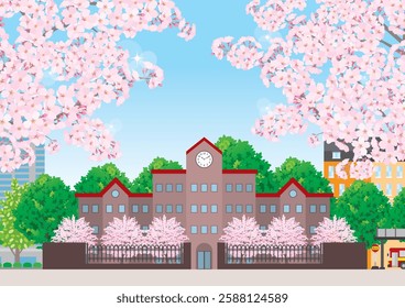 Illustration of a school building in spring with cherry blossoms in bloom.