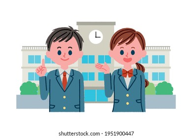 Illustration of school building and students