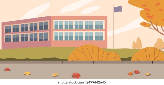 Illustration Of A School Building Surrounded By Autumn Foliage With Fallen Leaves On The Ground, Conveys Calm Atmosphere