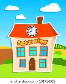 illustration of school building with text "back to school" in summer landscape - vector illustration