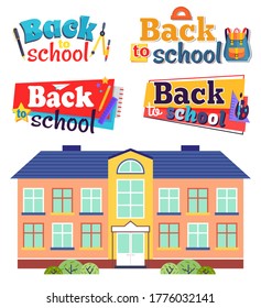 Ilustración de un edificio escolar con las palabras "De vuelta a la escuela". Funny afiche de vector brillante que da la bienvenida a los estudiantes. Conjunto con títulos coloridos y diversas asignaturas escolares de diferentes colores