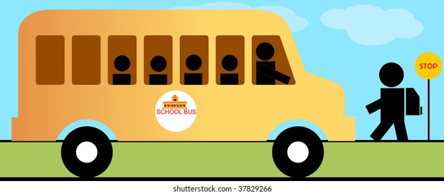 Illustration of school bus , boy and side symbol	