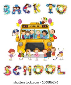 illustration of school bus and english word back to school