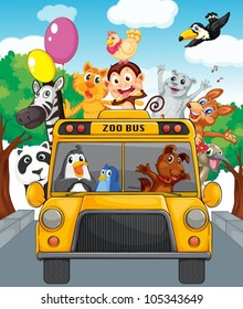 Illustration of school bus filled with animals