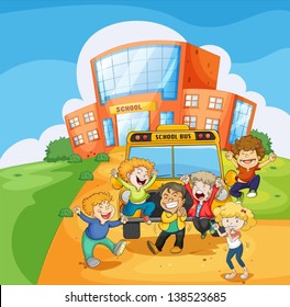 Illustration of a school bus in front of the school