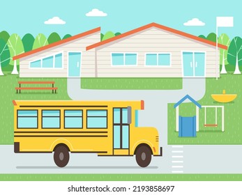 Ilustración del autobús escolar frente a la guardería con bandera y zona de juegos