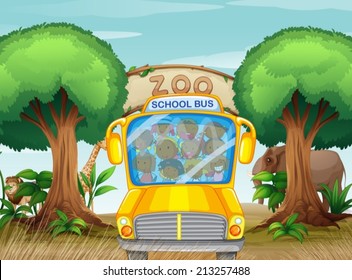 Illustration of a school bus in front of a zoo