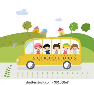 Illustration of a school bus heading to school with happy children