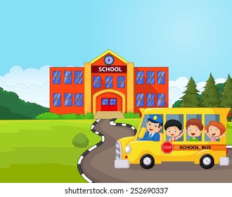 Illustration of a school bus and kids infront of school