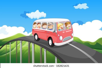 Illustration of a school bus with kids travelling