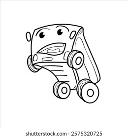 illustration of a school bus mascot, black and white cartoon style, vector format, good for children's coloring teaching materials, clothing, and visual elements and others