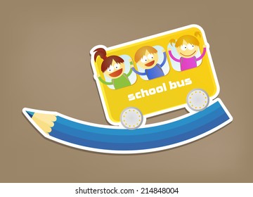 Illustration of school bus on blue pencil (vector)