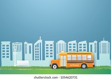 Illustration of school bus  running on road in the city .Back to school concept