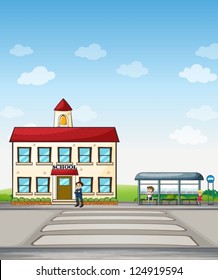 Illustration of a school and bus stop with people beside it.