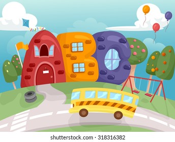 Illustration of a School Bus Stopping in Front of a School Shaped Like Letters of the Alphabet