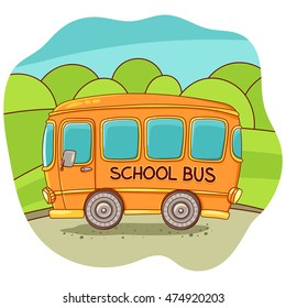 Illustration with a school bus. Vector illustration. Freehand drawing