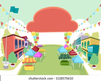 Illustration of a School Campus with Tents and Pennant Flags for School Festival