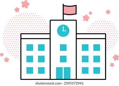 Illustration of a school with cherry blossoms falling