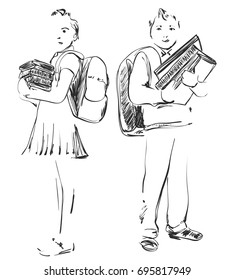 Illustration of school children, boy and girl. Hand drawn sketch.