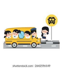 Ilustración de los niños de la escuela en una parada de autobús de dibujos animados