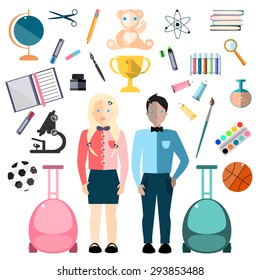 Illustration of School Children. School and Education Vector Icon Set. Flat Design Style.