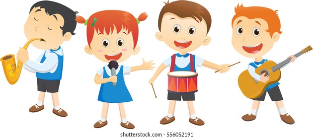 illustration of school children playing musical instruments