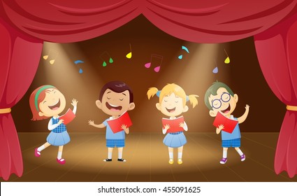 Illustration of school children singing on the stage