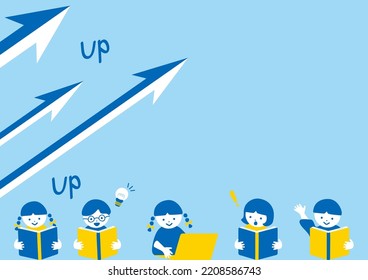 illustration of school children and upward arrows icon