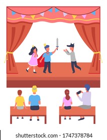 Illustration of school or children's theater production. On stage, the children participate in the play. Parents sit in auditorium, watch performance and take photos. Creative expression of children.