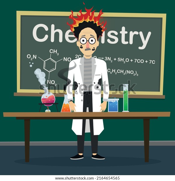 illustration in a school classroom, a chemistry\
teacher\'s hair caught fire as a result of an unsuccessful\
experiment with an\
explosion