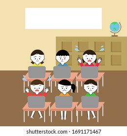 Illustration of school classroom. six kids working on computer. students are in trouble with pc.