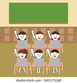 Illustration von Schulklassen. sechs Schüler arbeiten am Computer. Kinder heben sich die Hände.