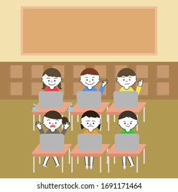 Ilustración del aula escolar. seis estudiantes trabajando en computación.