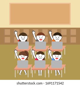 Ilustración del aula escolar. seis estudiantes trabajando en computación. niños levantando sus manos.