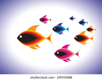 Illustration of school of colorful fishes swimming together in blue waters of ocean. The fishes are in various shades of red, orange, blue and pink colors.