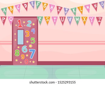 Illustration of a School Corridor with Numbers Stickers and Alphabet Pennant Flags