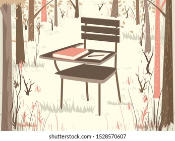 Illustration of a School Desk Chair with Book, Paper and Pencil Among the Trees in the Woodland